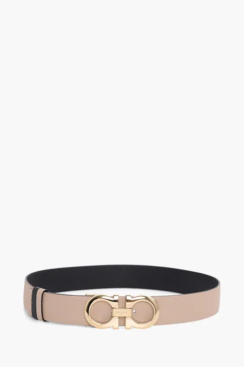 SALVATORE FERRAGAMO Women Gancini Belt 3.5cm in Bisque/Black Hammered GHW