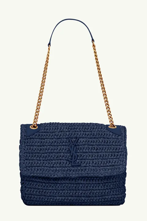 SAINT LAURENT Medium Monogram Niki Shoulder Bag in Vivid Blue Raffia x Leather with Bronze Hardware