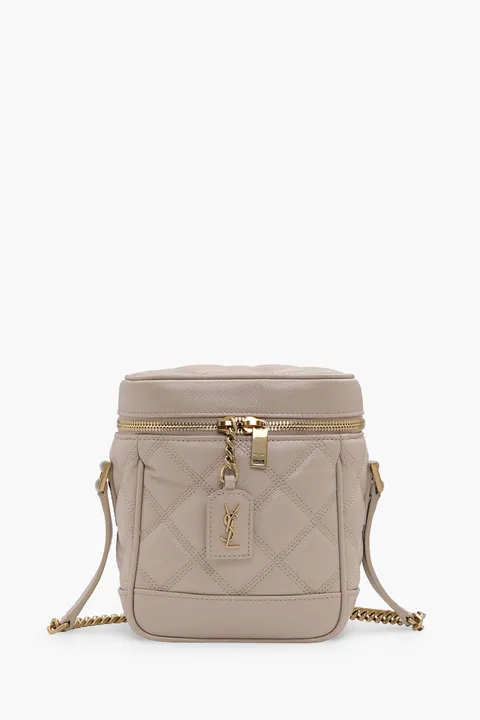 SAINT LAURENT 80'S Zip Around Vanity Bag in Dark Beige Quilted Leather GHW