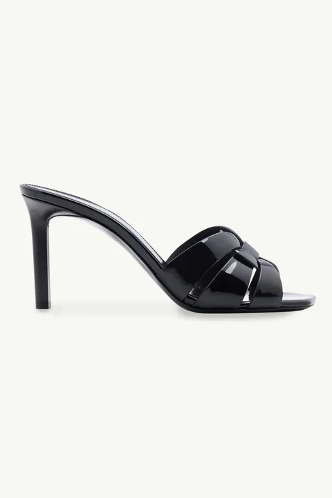 SAINT LAURENT Tribute Open Toe Mules 8.5cm in Black Patent