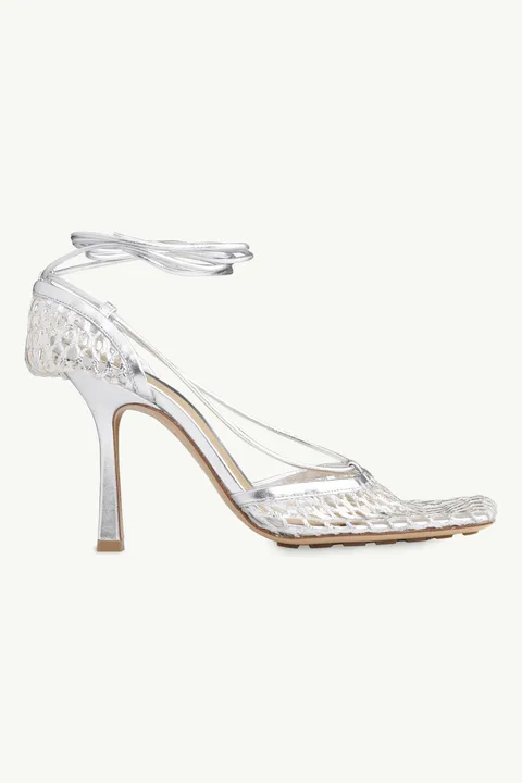 BOTTEGA VENETA Stretch Ankle Strap Mesh Sandals 9cm in Silver
