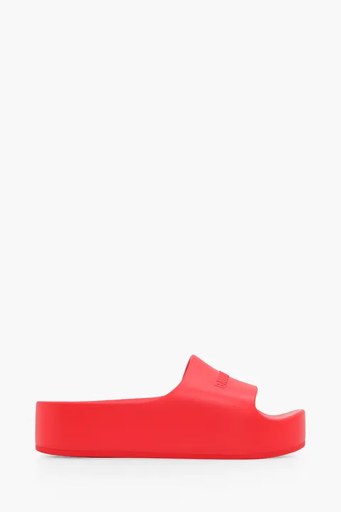 BALENCIAGA Women Chunky Slide Sandals in Tomato Red with Embossed Logo