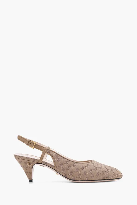 GUCCI Women Mini GG Supreme Slingback Pumps 55mm in Beige/Ebony Canvas
