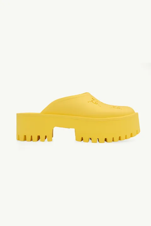 GUCCI Women GG Perforated Plaform Slip-On Sandals 55mm in Yellow Rubber