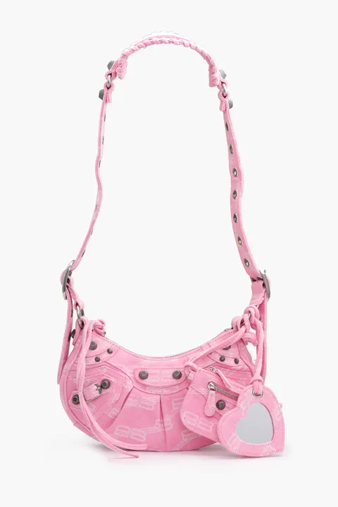 BALENCIAGA Le Cagole XS Shoulder Bag in Pink BB Monogram Denim SHW