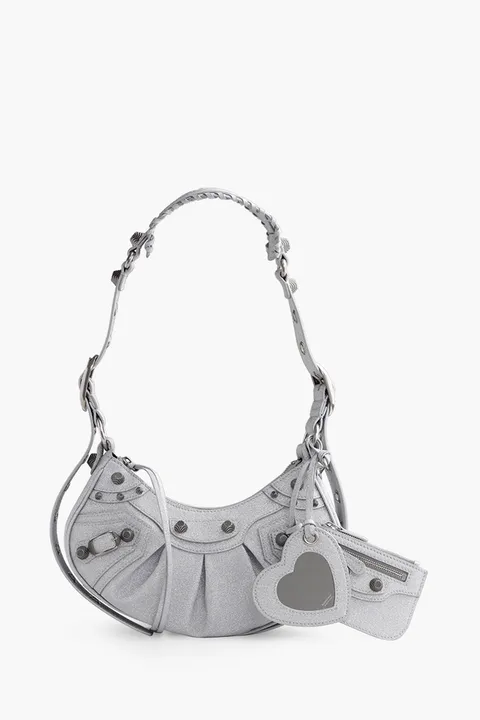 BALENCIAGA Le Cagole XS Shoulder Bag in Silver Sparkling Fabric SHW