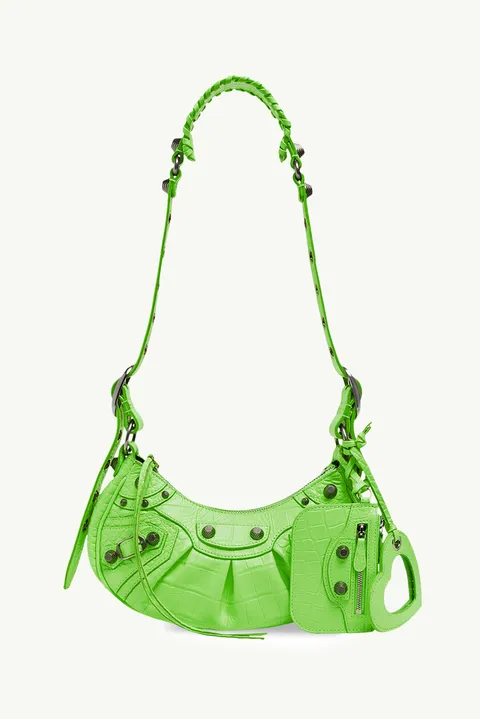 BALENCIAGA Le Cagole XS Shoulder Bag in Bright Green Croco Embossed SHW