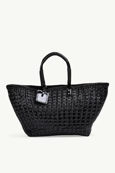 BALENCIAGA Large Bistro Two Handles Basket in Black Leather with Balenciaga Logo