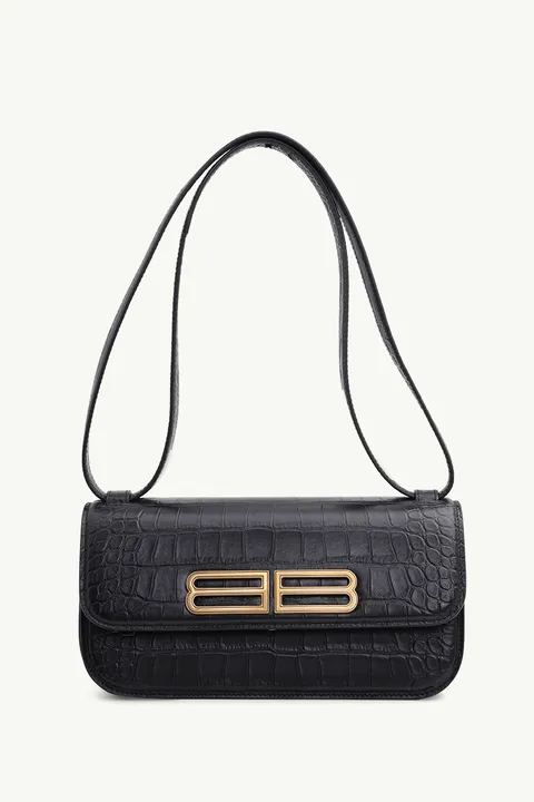 BALENCIAGA Small Gossip BB Logo Shoulder Bag in Black Croco-Embossed GHW