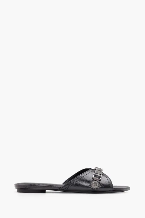 BALENCIAGA Women Cagole Flat Sandals in Black Arena Lambskin