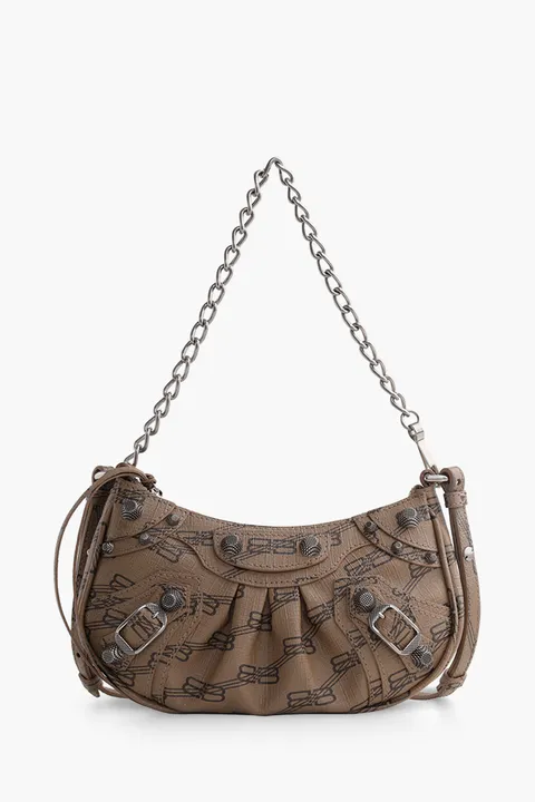 BALENCIAGA Mini Le Cagole Purse Shoulder Bag in Beige/Brown BB Monogram Coated Canvas SHW
