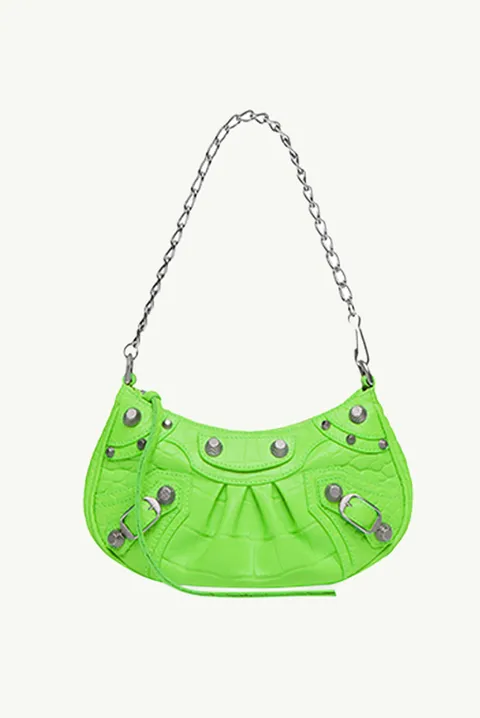 BALENCIAGA Mini Le Cagole Purse Shoulder Bag in Bright Green Extra Supple Embossed Croco SHW with Chain Strap