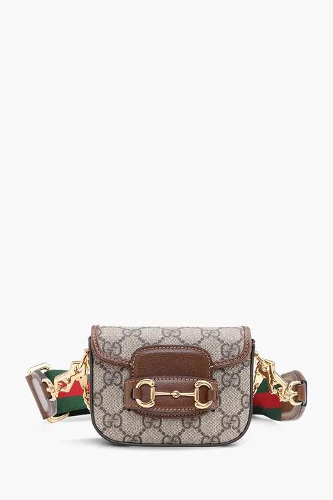 GUCCI GG Supreme Horsebit 1955 Wallet on Strap in Beige/Ebony/Brown Canvas