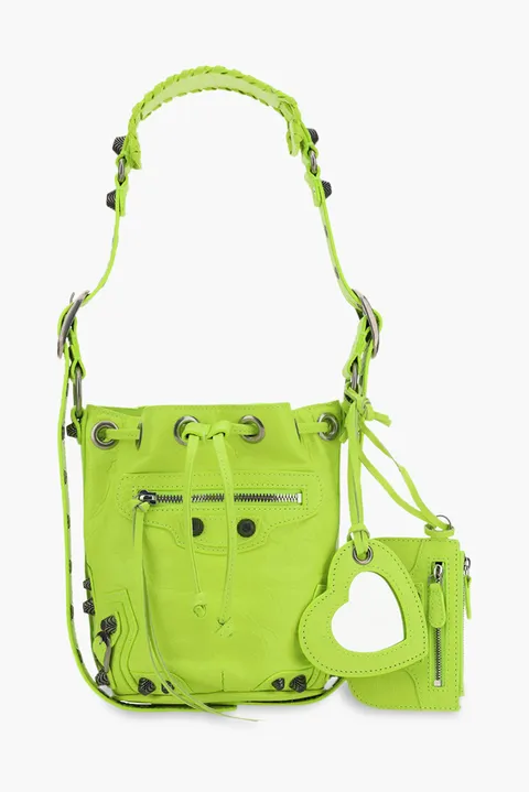 BALENCIAGA Le Cagole XS Bucket Bag in Fluo Yellow Arena Lambskin SHW