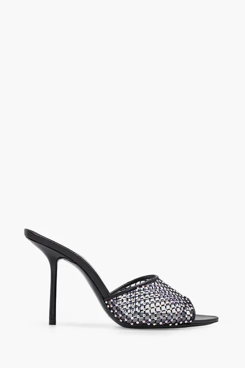 SAINT LAURENT Luz Pointed Peep-Toe Mules 9.5cm in Black Mesh with Rhinestones