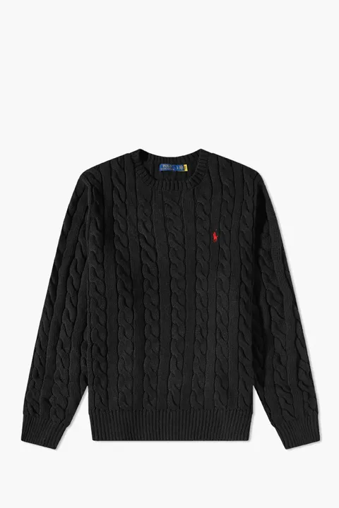POLO RALPH LAUREN Men Cable Knit Jumper in Black Cotton