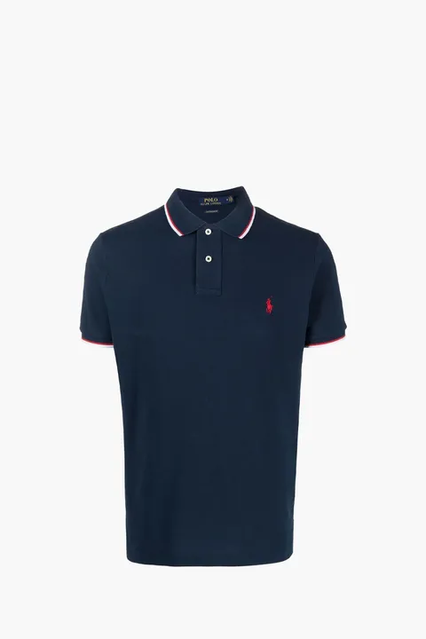 POLO RALPH LAUREN Men Slim Fit Mesh Polo Shirt In Newport Navy/Red Cotton