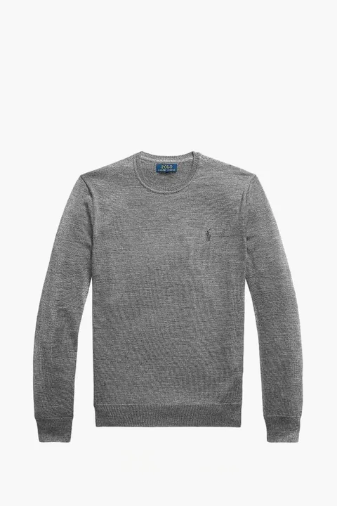 POLO RALPH LAUREN Men Embossed Logo Crew Neck Slim Fit Sweater in Grey Wool