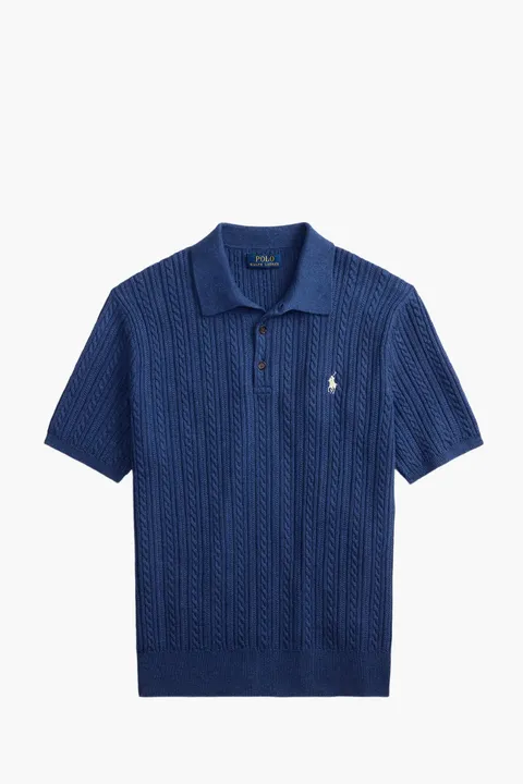 POLO RALPH LAUREN Men Cable Knit Regular Fit Polo Shirt in Rustic Navy Heather Cotton