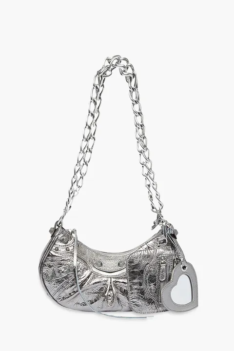 BALENCIAGA Le Cagole XS Chain Shoulder Bag in Silver Metallized Arena Lambskin SHW