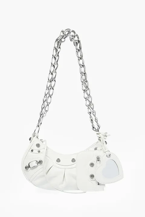 BALENCIAGA Le Cagole XS Chain Shoulder Bag in White Arena Lambskin SHW