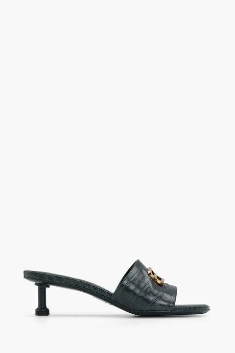 BALENCIAGA Women Groupie BB Sandals 50mm in Dark Green Croco Embossed