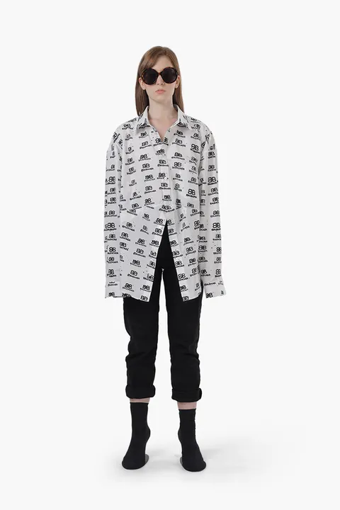 BALENCIAGA Women Hand Drawn BB Icon Swing Shirt in White/Black Poplin
