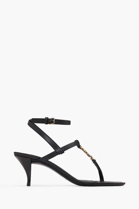 SAINT LAURENT Women Cassandra T-Strap Crossed Ankle Strap Sandals 6cm in Black Smooth Leather