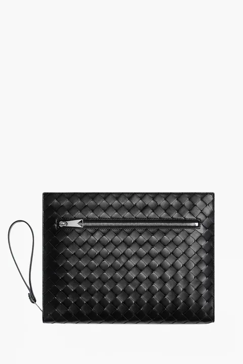 BOTTEGA VENETA Medium Intrecciato Document Case in Black Calfskin with Detachable Wristlet