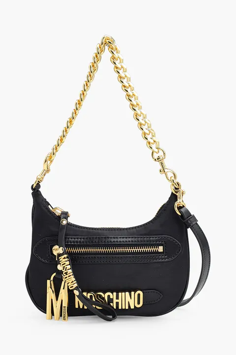 MOSCHINO Lettering Logo Chain Handbag in Black Nylon with Keychain