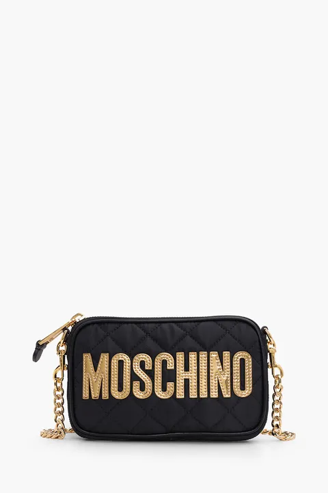 MOSCHINO Logo Patch Quilted Chain Crossbody Bag in Black GHW