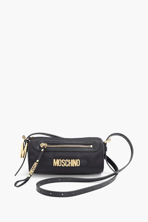 MOSCHINO Logo-Lettering Cylinder Crossbody Bag in Black GHW