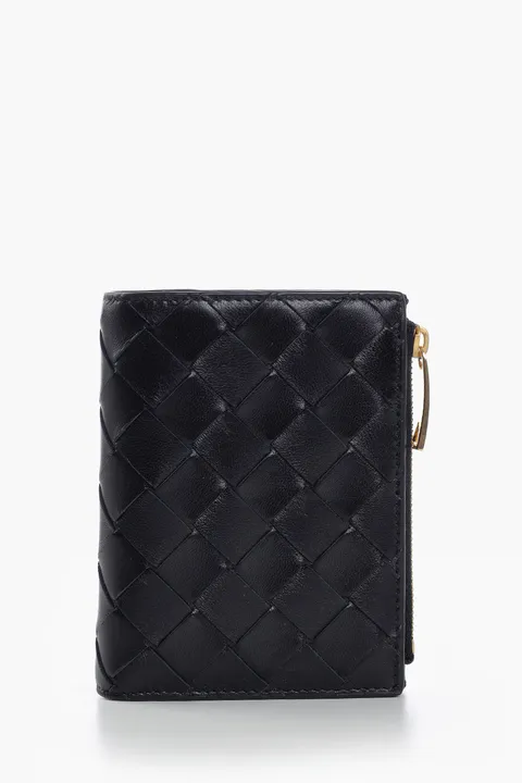 BOTTEGA VENETA Small Intrecciato Bi-Fold Zip Wallet in Black