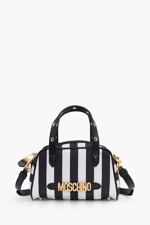 MOSCHINO Logo Top Handle Shoulder Bag in Black/White GHW with Metal Detail