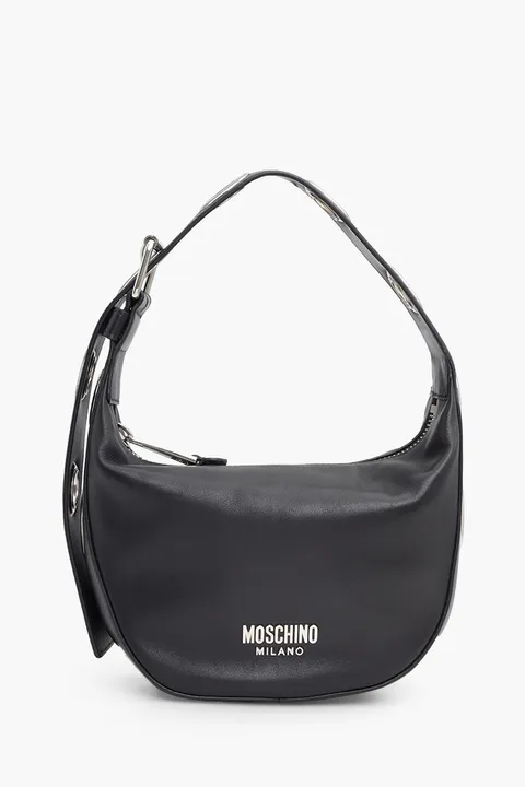 MOSCHINO Metal Macro Eyelets Hand Bag in Black Calfskin with Logo SHW