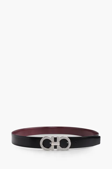 FERRAGAMO Men Reversible Gancini Belt 4cm in Black/Fog Smooth Calfskin with Crystaks on Buckle