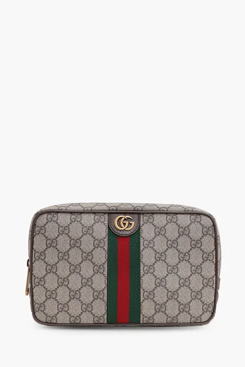 GUCCI GG Supreme Savoy Toiletry Bag in Beige/Ebony/Brown with Web Stripe