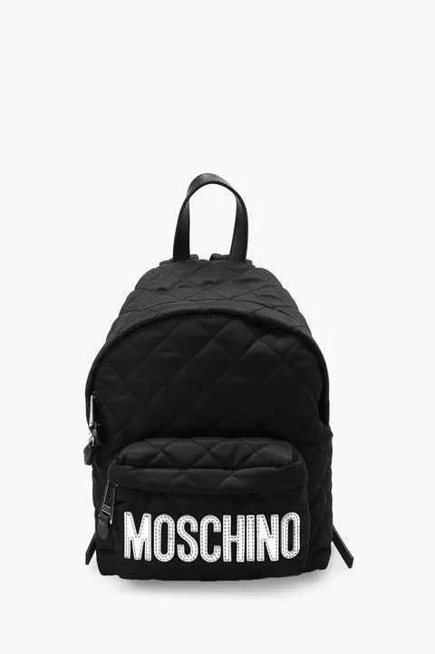 MOSCHINO Medium Backpack in Black Quilted with Silver Logo