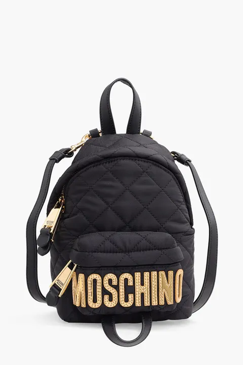 MOSCHINO Bebeboo Logo Backpack in Black Quilted with Gold Logo