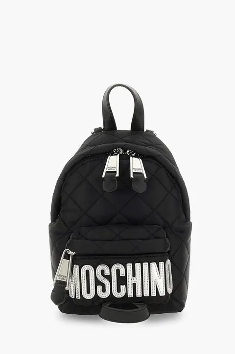 MOSCHINO Bebeboo Logo Backpack in Black Quilted with Silver Logo