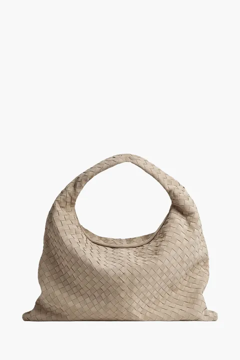 BOTTEGA VENETA Large Hop Intrecciato Shoulder Bag in Ecru Suede