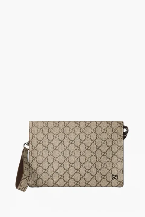 GUCCI GG Supreme Pouch in Beige/Ebony/Brown Canvas with Detachable Wrist Strap