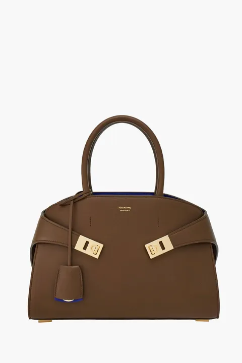FERRAGAMO Medium Hug Bicolor Handbag in Clay/Lapiz Lazuli Calf Leather