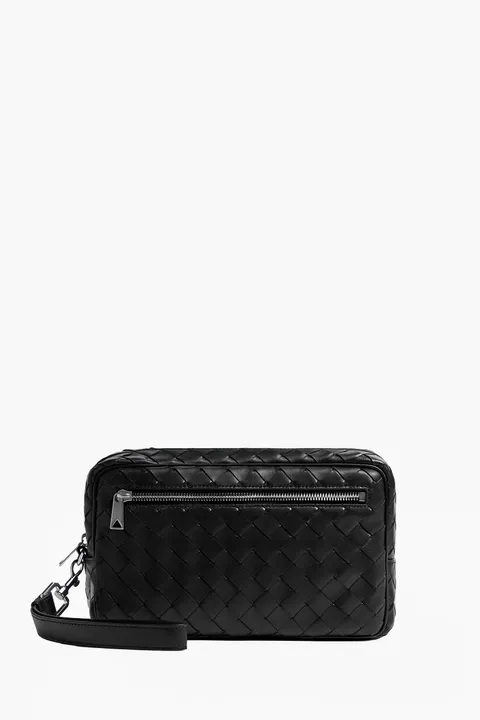 BOTTEGA VENETA Men Intrecciato Pouch in Black Calfskin with Strap