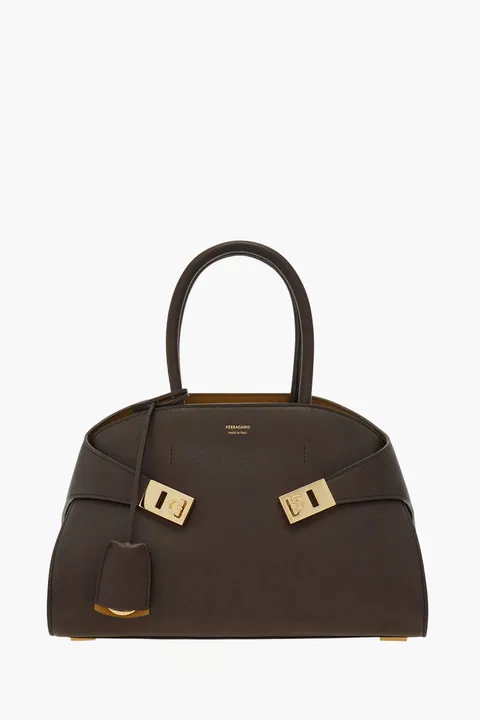 FERRAGAMO Medium Hug Two-Tone Handbag in Dark Brown/Burnt Ochre Hammered Calfskin