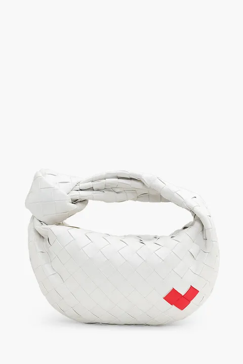 BOTTEGA VENETA Mini Jodie Intrecciato Top Handle Bag in White/Vernis Lambskin with Heart
