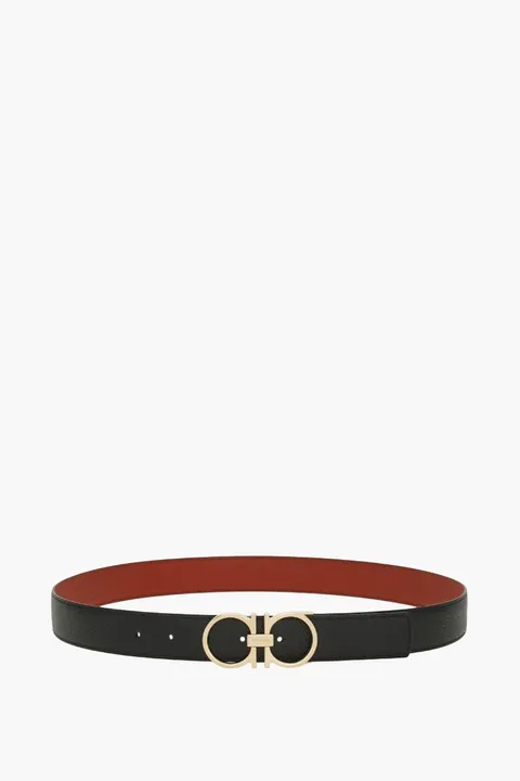 FERRAGAMO Men Slim Gancini Reversible Belt 3.2cm in Black/Brick Hammered Calfskin GHW
