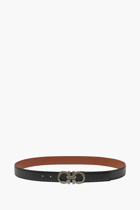 FERRAGAMO Men Knurling Gancini Reversible Belt 3cm in Black/Cognac Hammered Calfskin RHW