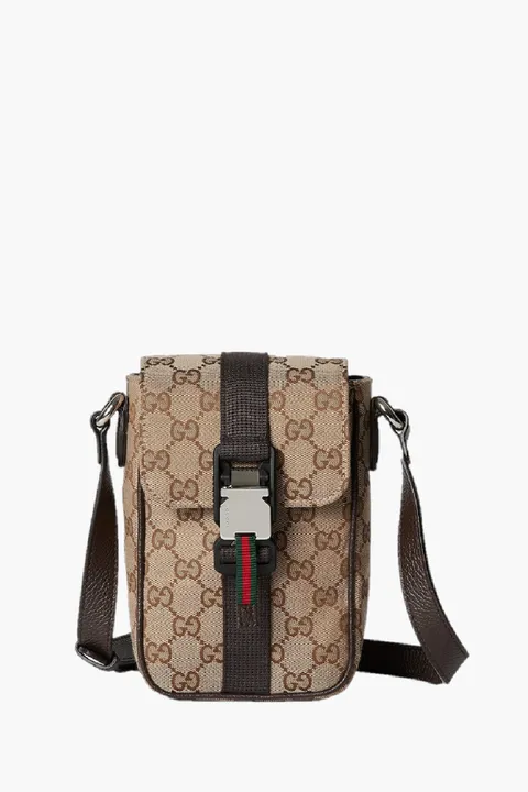 GUCCI Mini Original GG Shoulder Bag in Beige/Ebony Canvas with Web