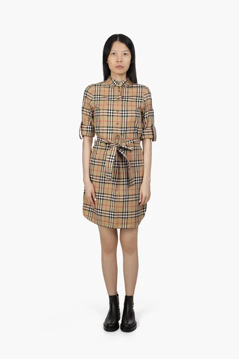 BURBERRY Women Vintage Check Stretch Cotton Tie-Waist Shirt Dress in Archive Beige
